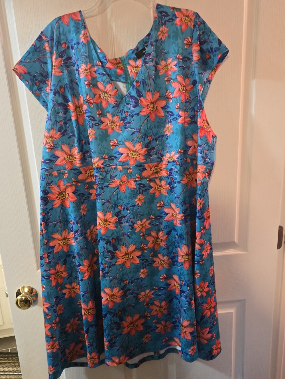 Floral V-Neck Women’s Dress in Teal with Orange Flowers